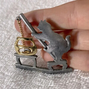 Vintage Grey Metal With Gold Accents Fishing Cat Pin  Brooch